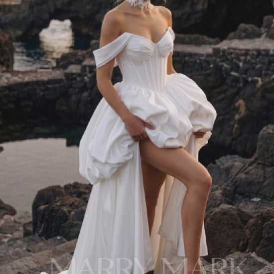 Satin A-Line Wedding Dress with Off-Shoulder Bubble Peplum — movement and details, Illusion 2027