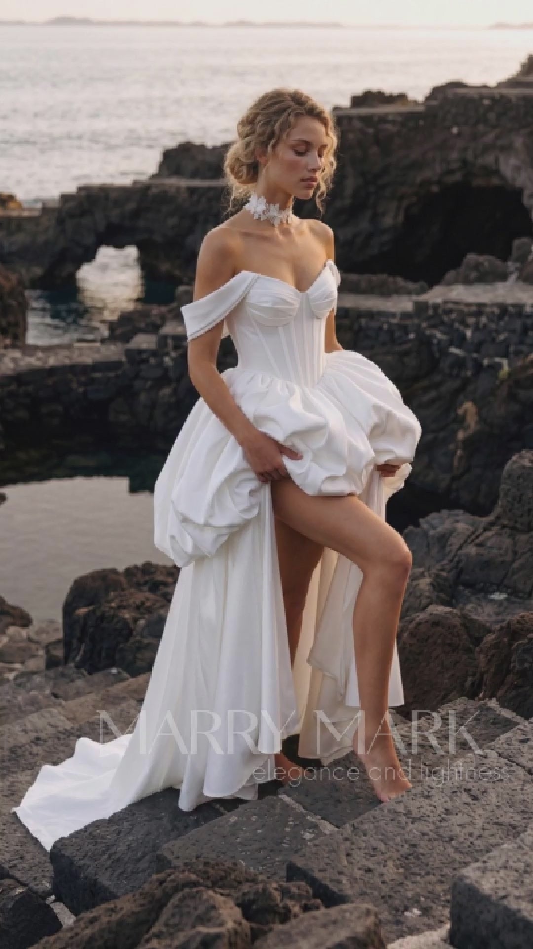 Satin A-Line Wedding Dress with Off-Shoulder Bubble Peplum — movement and details, Illusion 2027