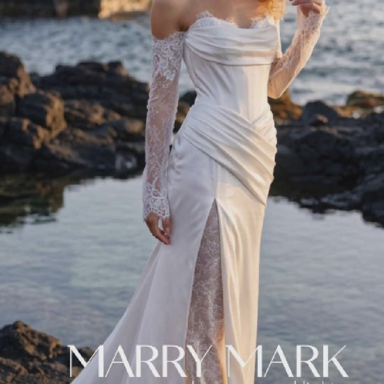 Satin Wedding Dress with Draped Bodice and Lace Slit Skirt — movement and details, Illusion 2027