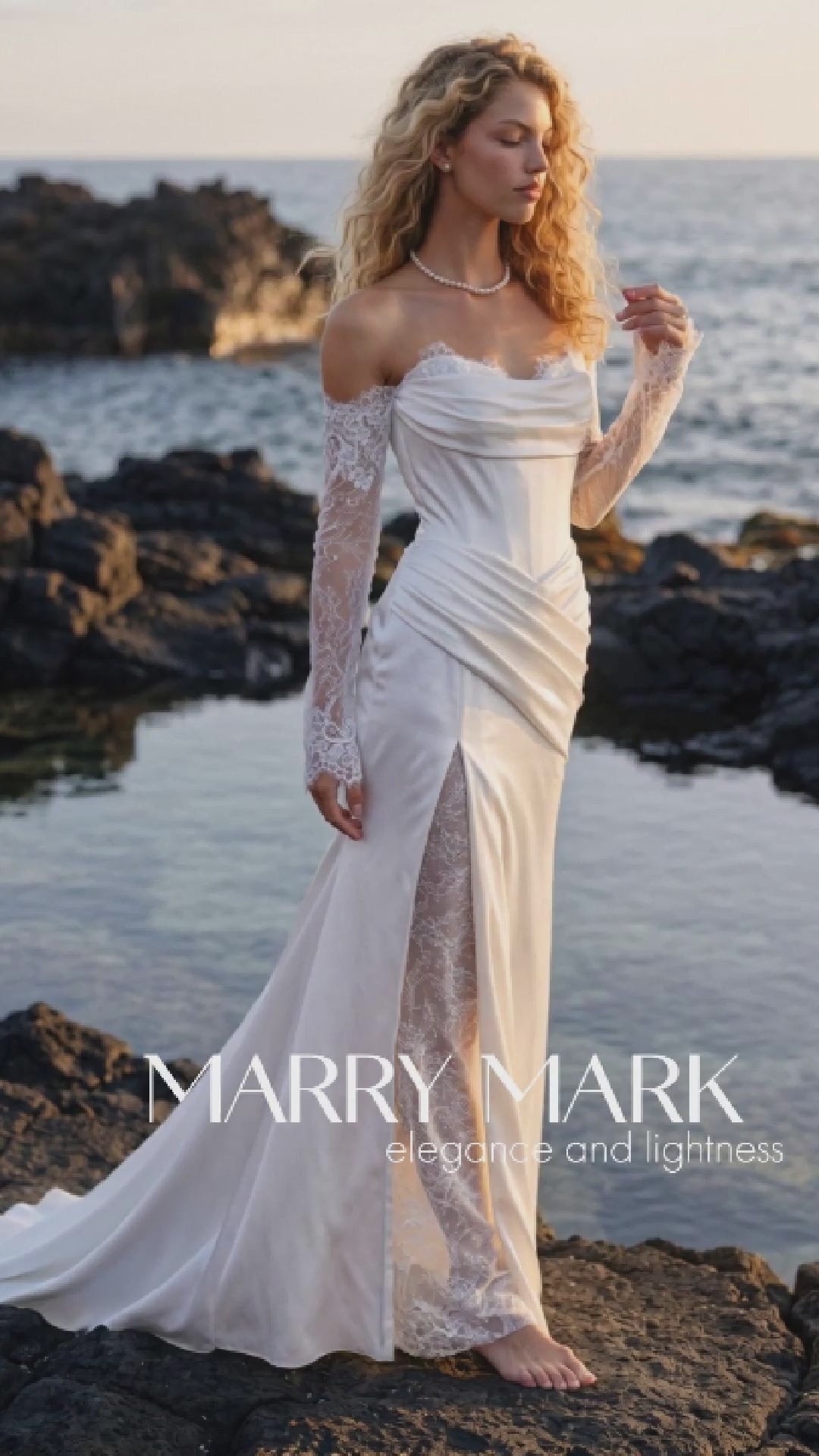 Satin Wedding Dress with Draped Bodice and Lace Slit Skirt — movement and details, Illusion 2027