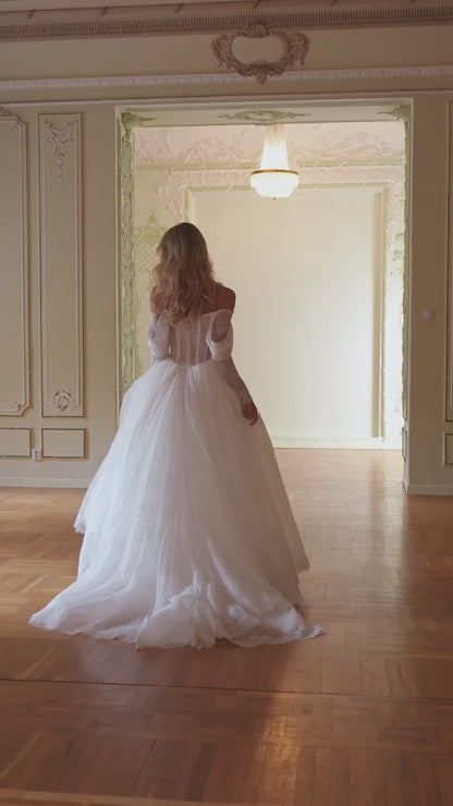 A-Line Wedding Dress with Off-Shoulder Cowl Neckline and Puffed Sheer Lace Sleeves
