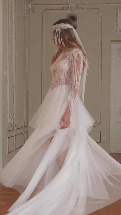 Lace Wedding Dress with Beaded Fringe Bodice, Long Sleeves and Layered Tulle Skirt