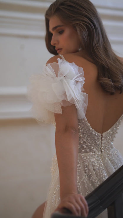 A-line wedding dress with deep V neck & glitter tulle skirt