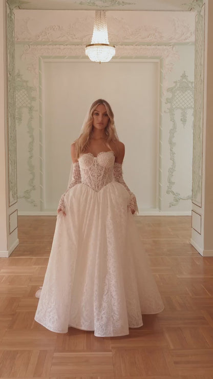 Lace Ball Gown Wedding Dress with Off-Shoulder Sheer Corset and Lace Sleeves