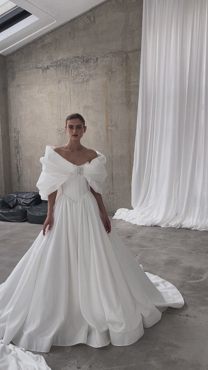 Princess A-line satin wedding dress with chapel train