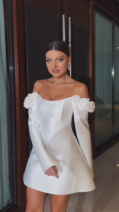 Mini A-line Mikado wedding dress with long sleeves