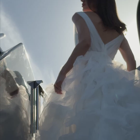 Ethereal tulle ball gown with deep V-neckline and layered airy skirt.