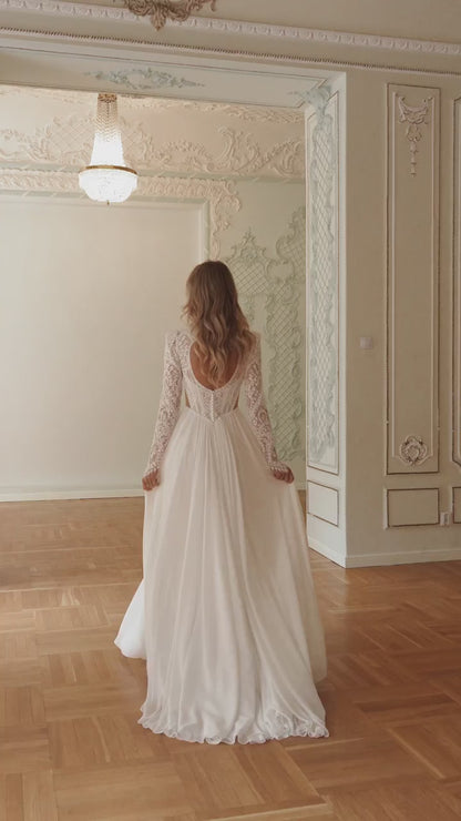 Crepe Chiffon Wedding Dress with Lace Keyhole Bodice, Long Sleeves and High Slit