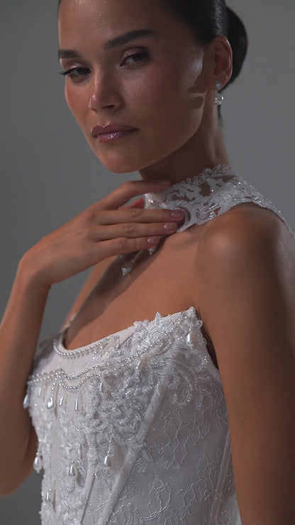 Lace corset wedding dress with removable tulle skirt and choker collar – video