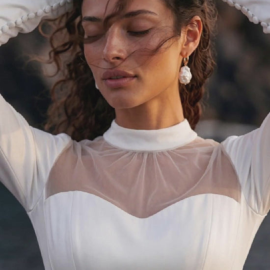 Satin Wedding Dress with Illusion High Neck and Long Sleeves — movement and details, Illusion 2027
