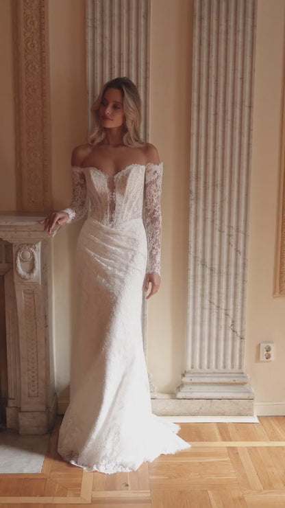 Lace Mermaid Wedding Dress with Plunging Illusion Corset and Sheer Lace Sleeves