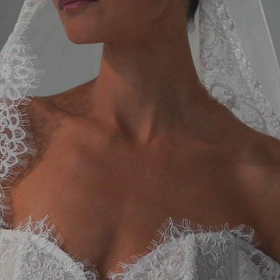 Lace mermaid wedding dress with off-shoulder sweetheart corset and cap sleeves – video