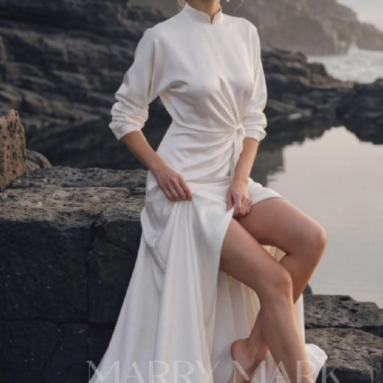 Silk Wedding Dress with High Neck and Long Sleeves — movement and details, Illusion 2027