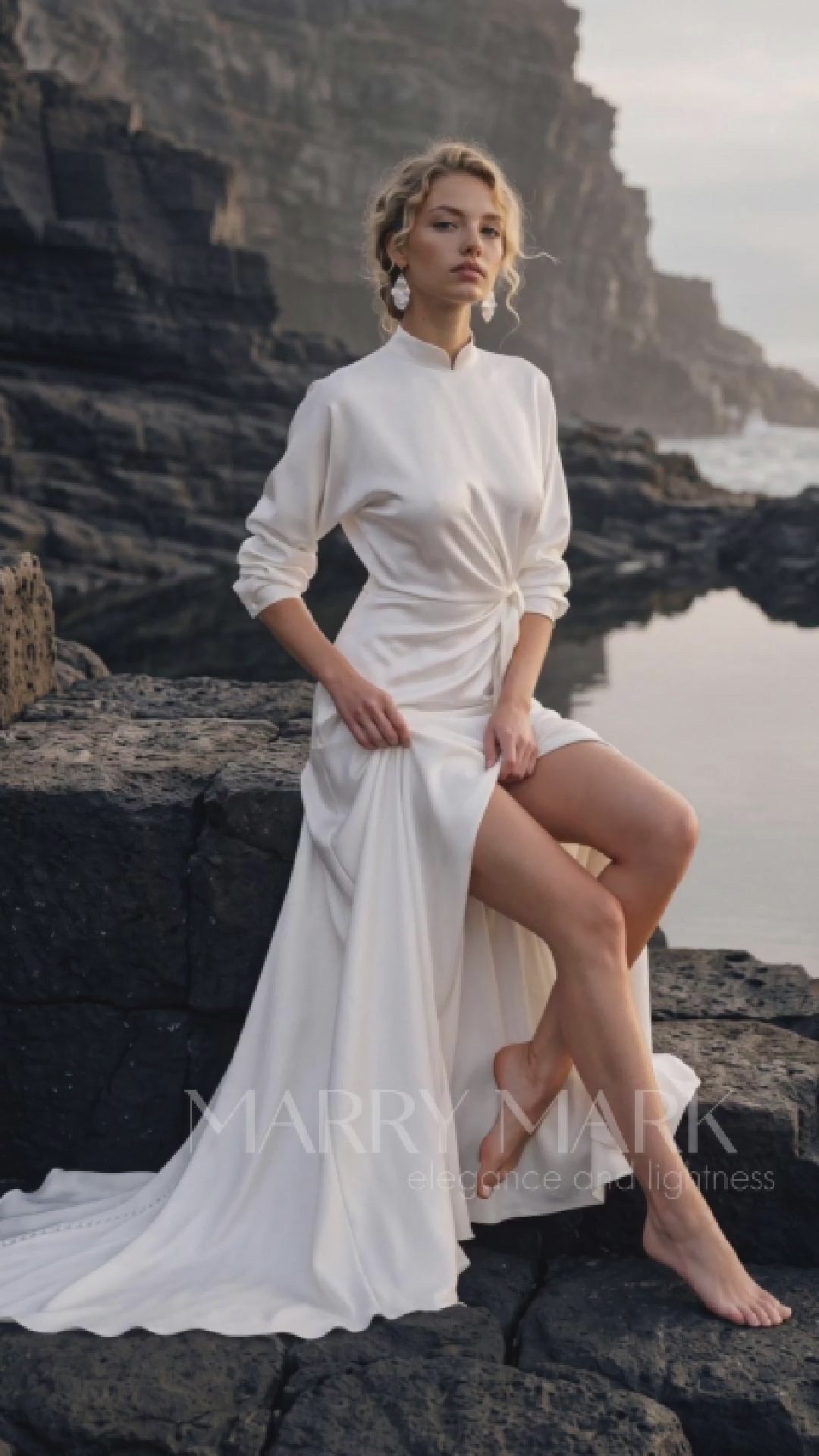 Silk Wedding Dress with High Neck and Long Sleeves — movement and details, Illusion 2027