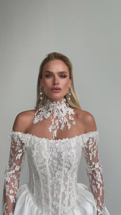 Video: close-up of an off-shoulder lace corset with a floral lace choker collar