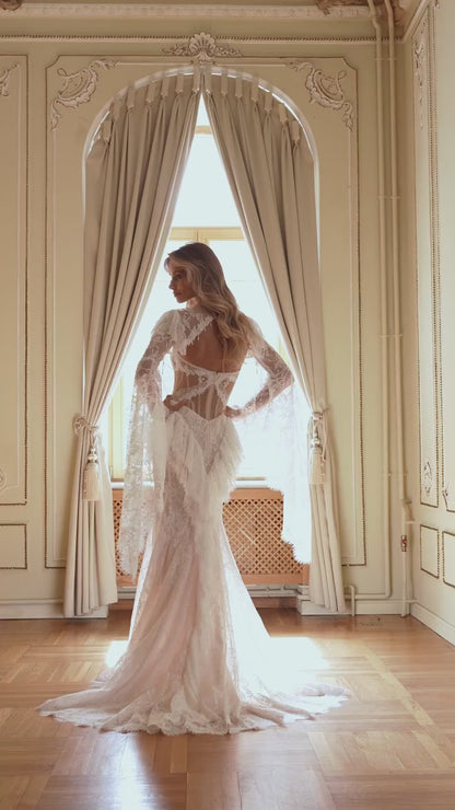 Lace Mermaid Wedding Dress with Removable Flared Bell-Sleeve Bolero