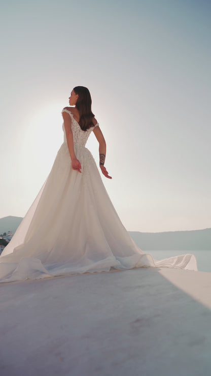 Princess A-line tulle wedding dress with chapel train and lace