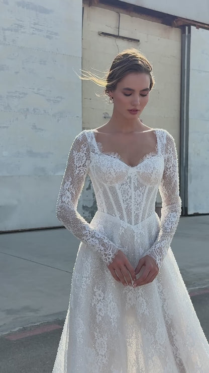Sequin Lace A-Line Wedding Dress with Illusion Scoop Back & Long Sleeves