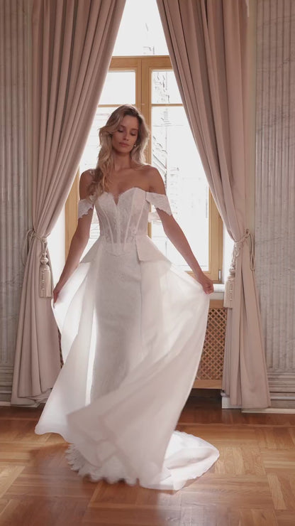 Off-Shoulder Lace Mermaid Wedding Dress with Peplum and Detachable Organza Overskirt
