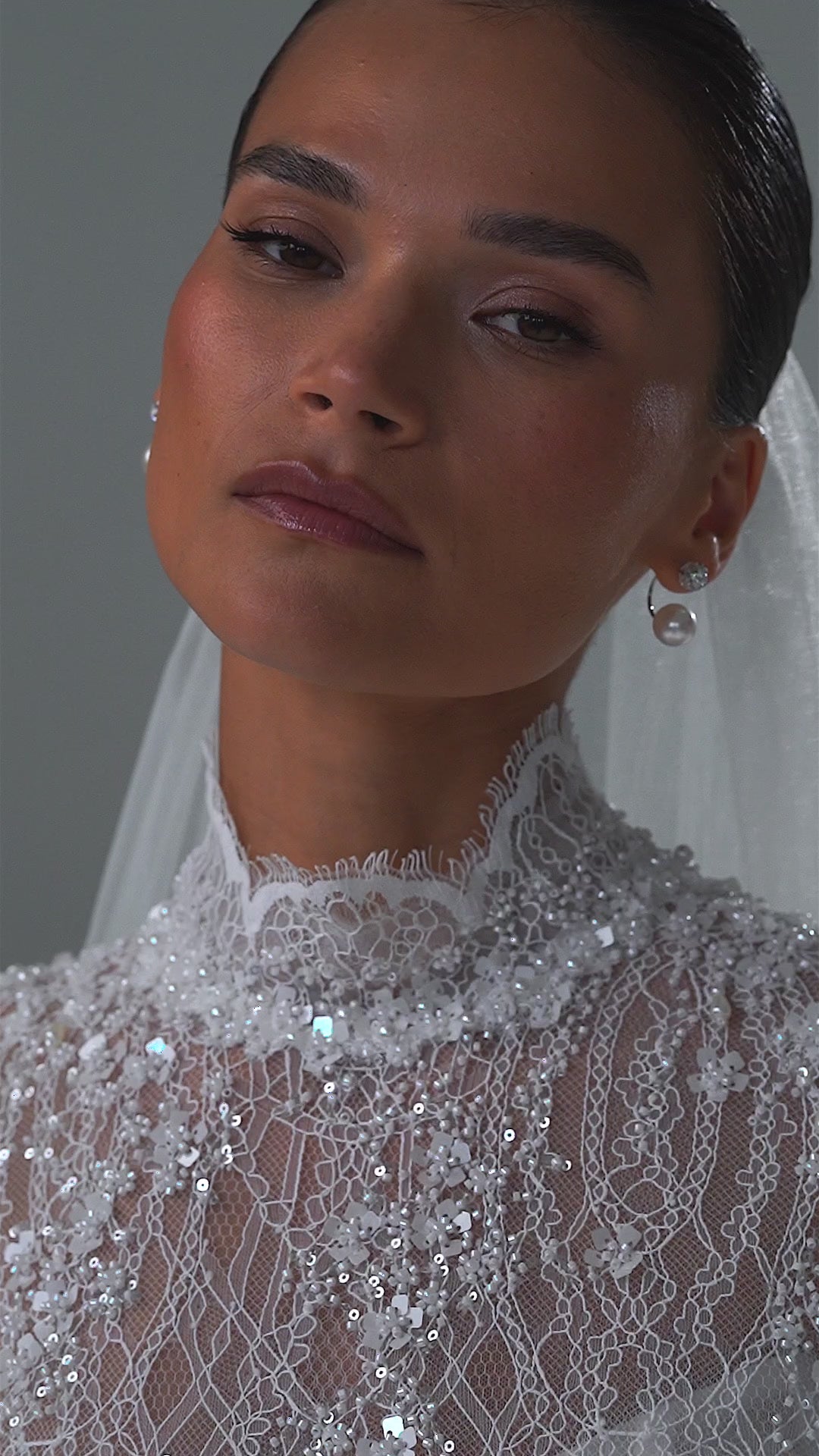 Lace high-neck wedding dress with long sleeves, corset bodice and tulle skirt – video