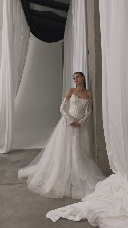 Princess A-line wedding dress with chapel train and removable sleeves
