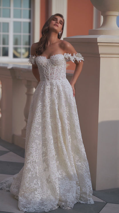 Romantic A-line glitter wedding dress with open back & train