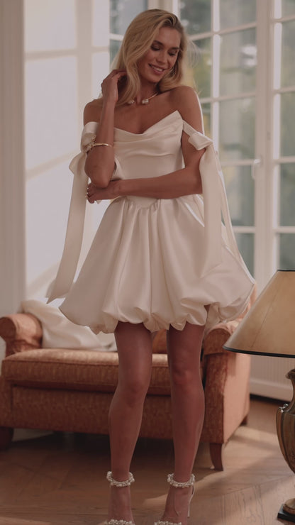 Mini Wedding Dress with Bubble Hem, Corset Back and Bow Straps