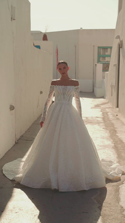 Princess A-line wedding dress with lace and cathedral train