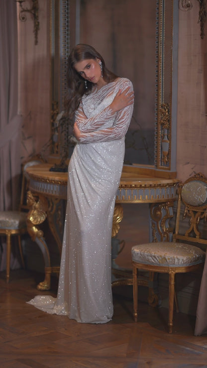 Sheath wedding dress with lace sleeves and sweep train