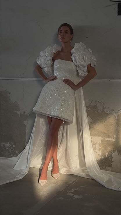 Beaded Mini A-line Wedding Dress with Voluminous Floral Bolero With Train