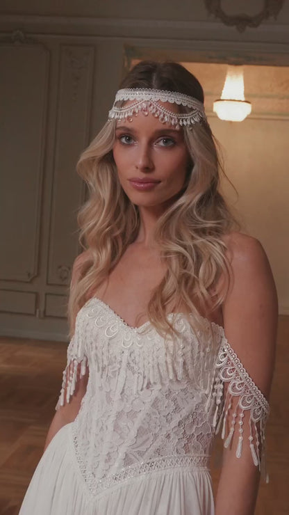 Chiffon A-Line Wedding Dress with Sweetheart Corset, Beaded Fringe Straps and Slit