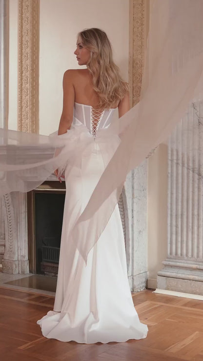 Soft Satin Mermaid Wedding Dress with Strapless Corset and Detachable Organza Basque