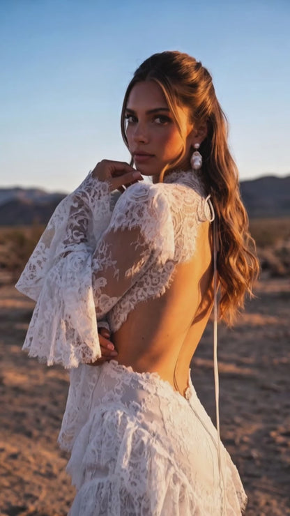 A-Line Lace Wedding Dress with Lace Cuffs and Chiffon Side Inserts