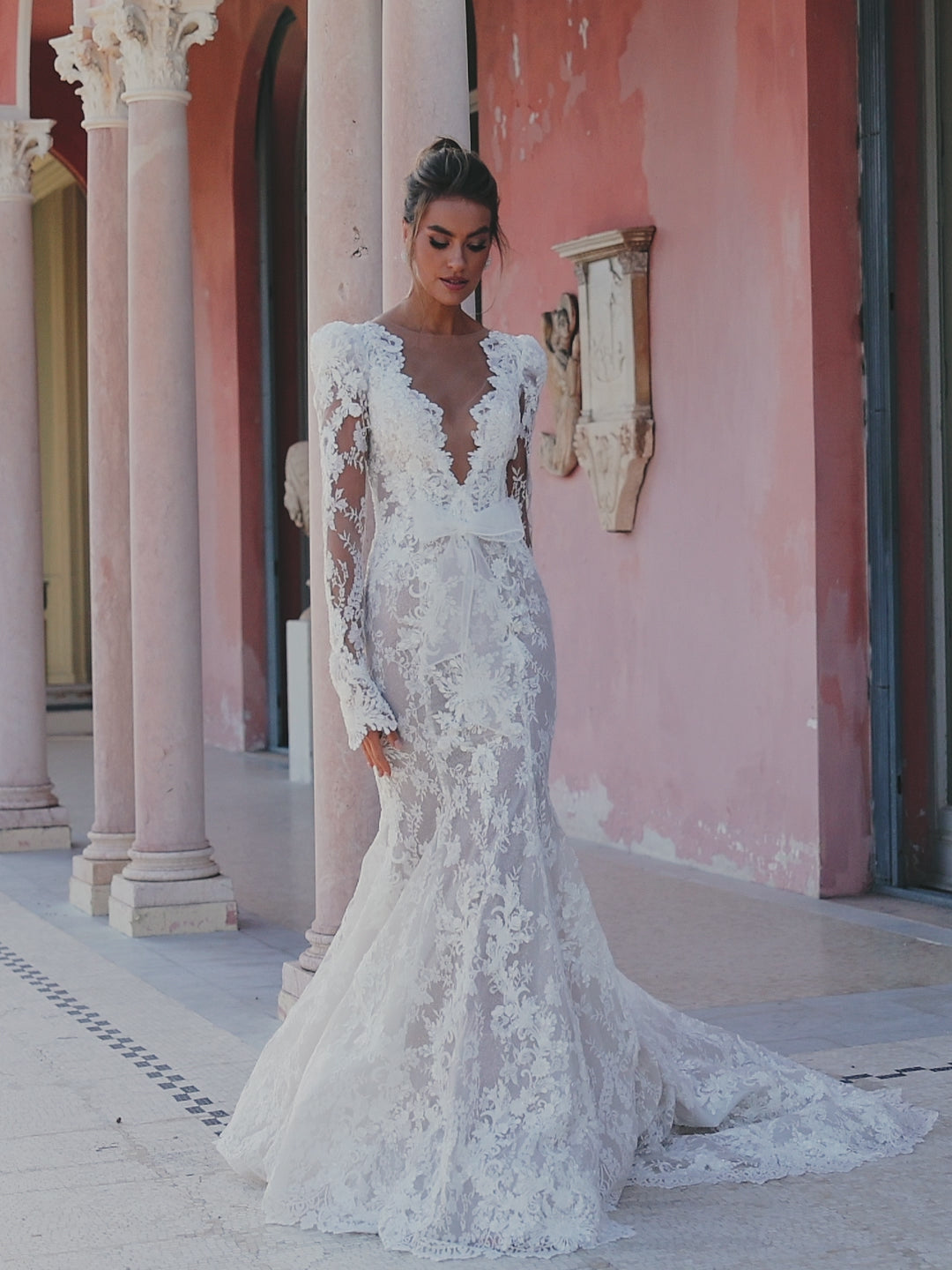 chantilly lace wedding dress Chic And Romantic High-Neck Long Sleeve Sheath adding a timeless touch from ceremony to reception. Swipe for Chantilly Lace wedding