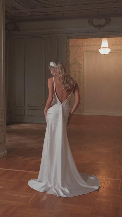 Silk Slip Wedding Dress with Cowl Neckline, Spaghetti Straps and Low Back