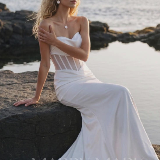 Satin Mermaid Wedding Dress with Draped Strapless Bodice — movement and details, Illusion 2027