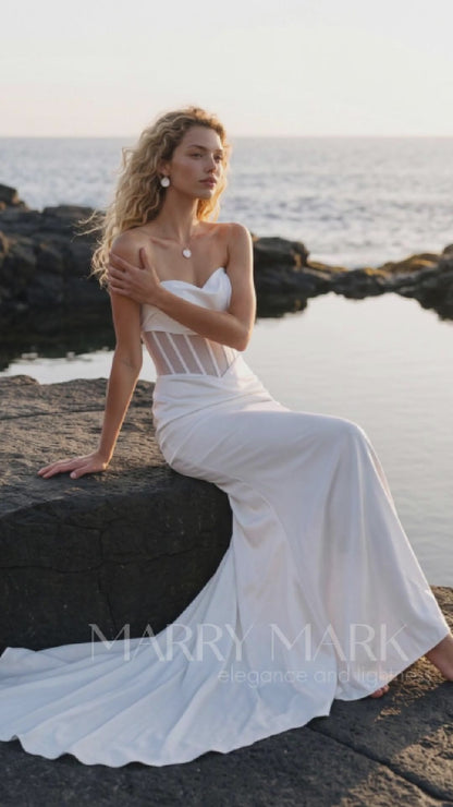 Satin Mermaid Wedding Dress with Draped Strapless Bodice — movement and details, Illusion 2027
