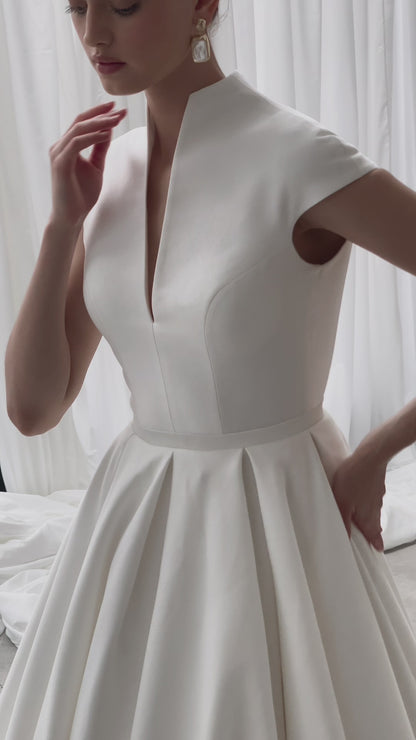 Mikado halter neckline wedding dress with chapel train