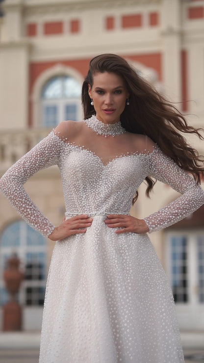 A-line glitter tulle wedding dress with illusion V-neck sleeves