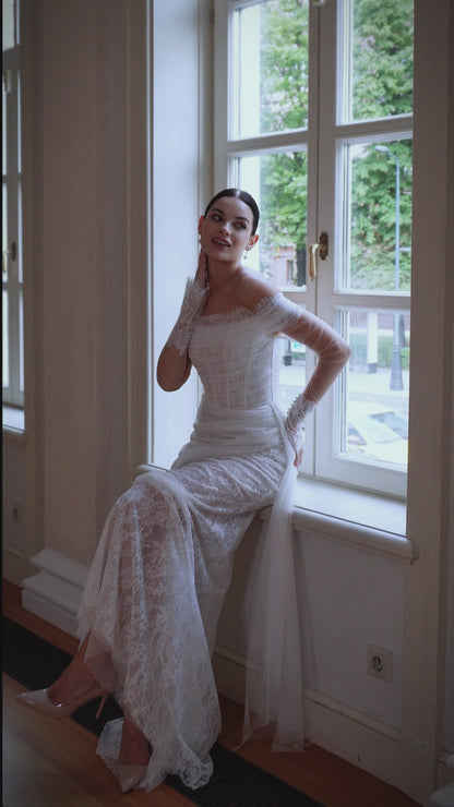 Mermaid sheath tulle wedding dress with long illusion sleeves