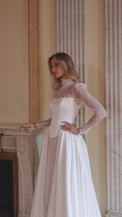 Lace Mermaid Wedding Dress with High-Neck Sleeves and Detachable Satin Corset Overskirt