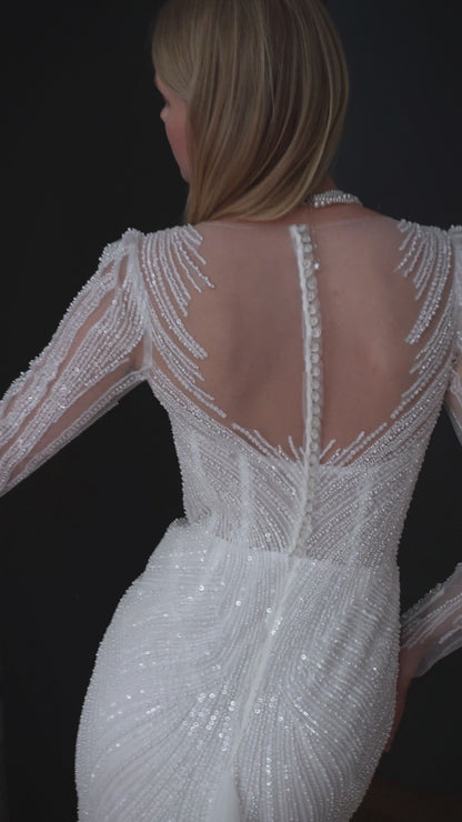 Sequin lace wedding dress with long sleeves and sweep train