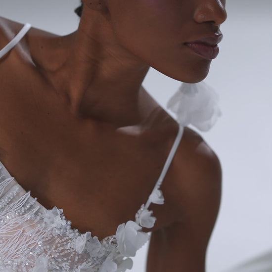 Lace mermaid wedding dress with fringe detail and off-shoulder neckline – video