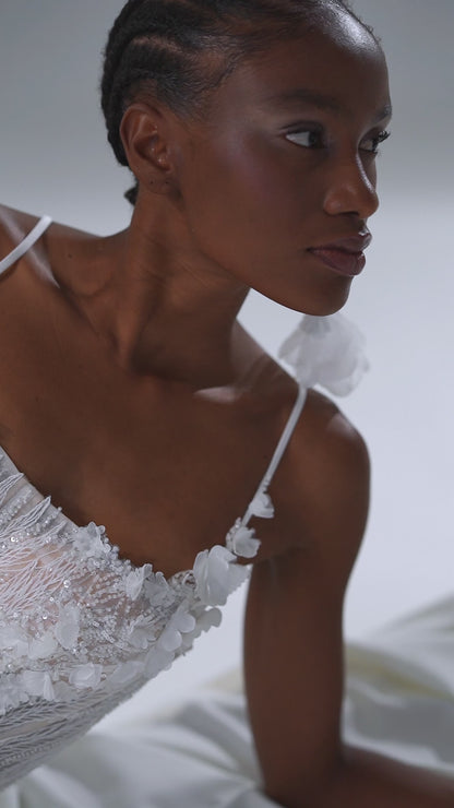 Lace mermaid wedding dress with fringe detail and off-shoulder neckline – video
