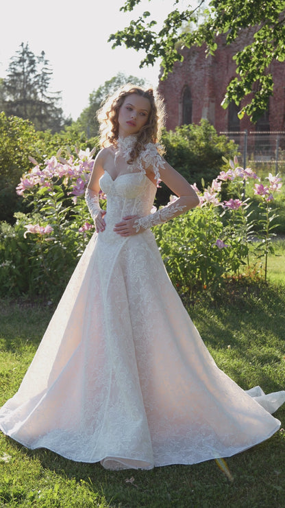 Strapless A-Line / Ball Gown Floral Lace Corset Gown with Full Skirt