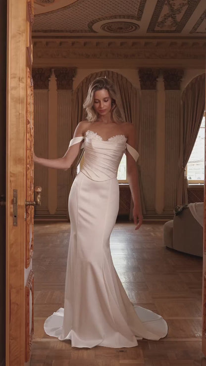 Soft Satin Mermaid Wedding Dress with Off-Shoulder Sweetheart and 3D Floral Detail