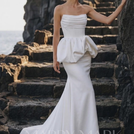 Satin Mermaid Wedding Dress with Sculptural Peplum — movement and details, Illusion 2027