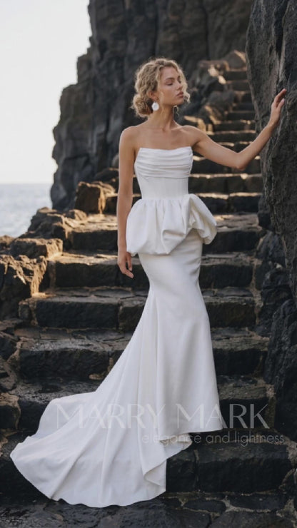 Satin Mermaid Wedding Dress with Sculptural Peplum — movement and details, Illusion 2027