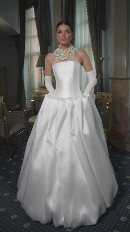 Mikado A-Line Wedding Dress with Straight Neckline, Bubble-Hem Skirt & Open Back