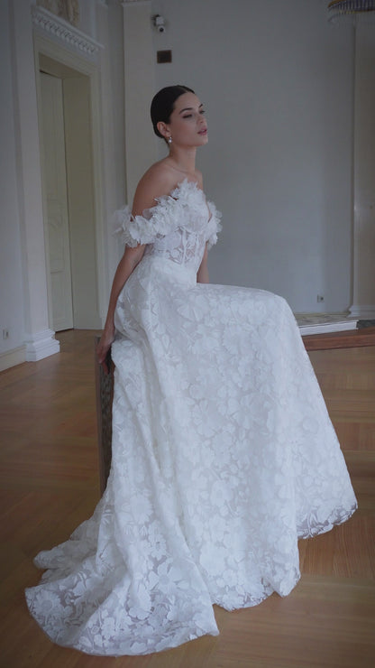 Romantic off-the-shoulder 3D floral A-line wedding dress